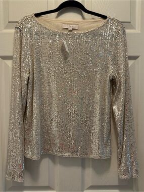 LOFT Champagne Sequin Long-Sleeve Top